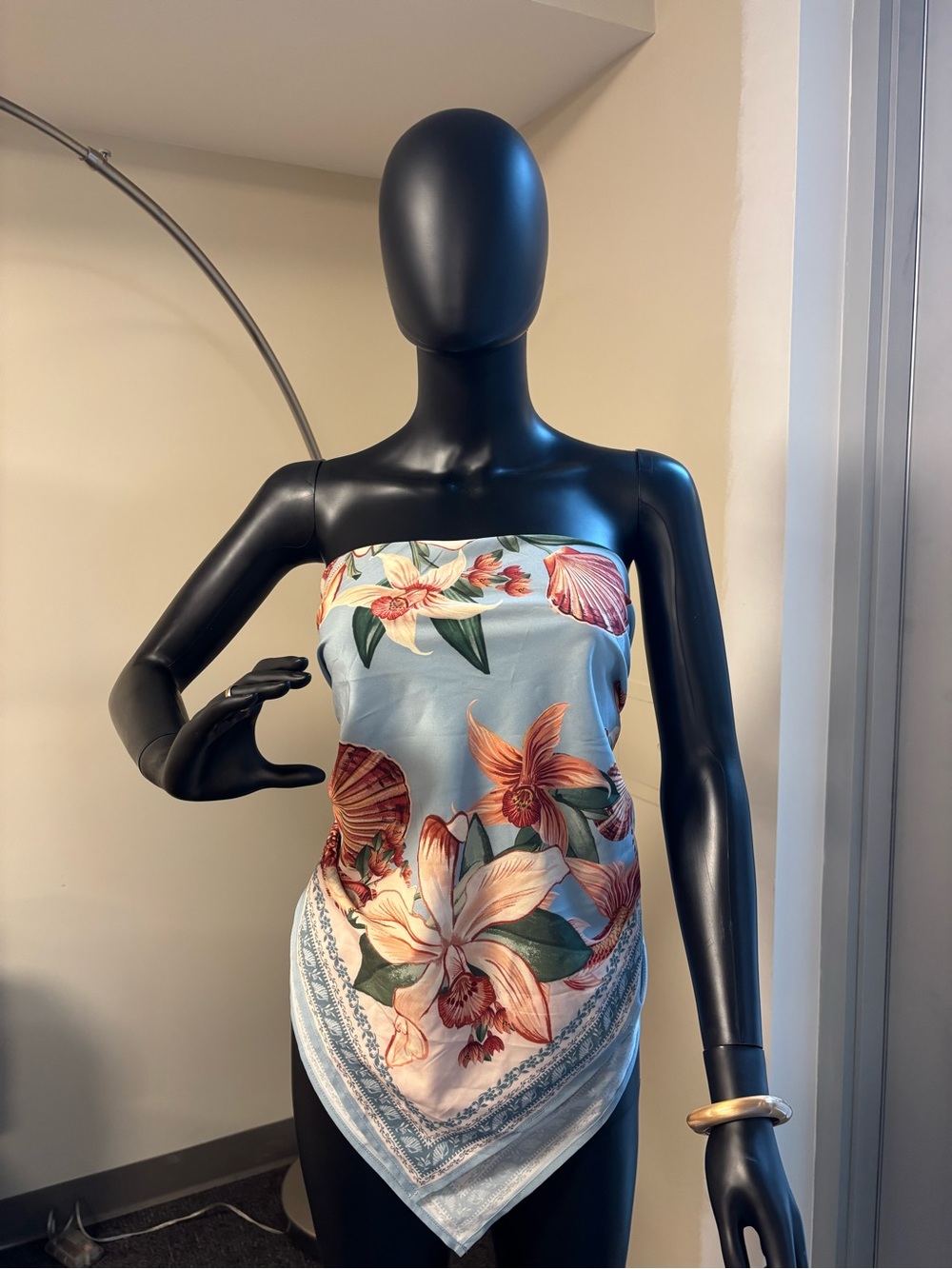 Floral Blue Silk Scarf - Strapless Handkerchief Hem